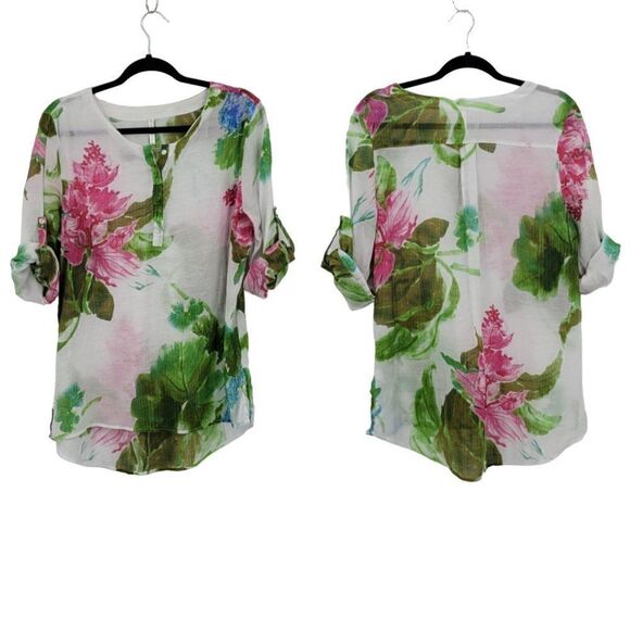 Vintage Tropical Gauze Beach Coverup Top Blouse XL White Floral Tab Sleeve Aloha - Picture 13 of 13